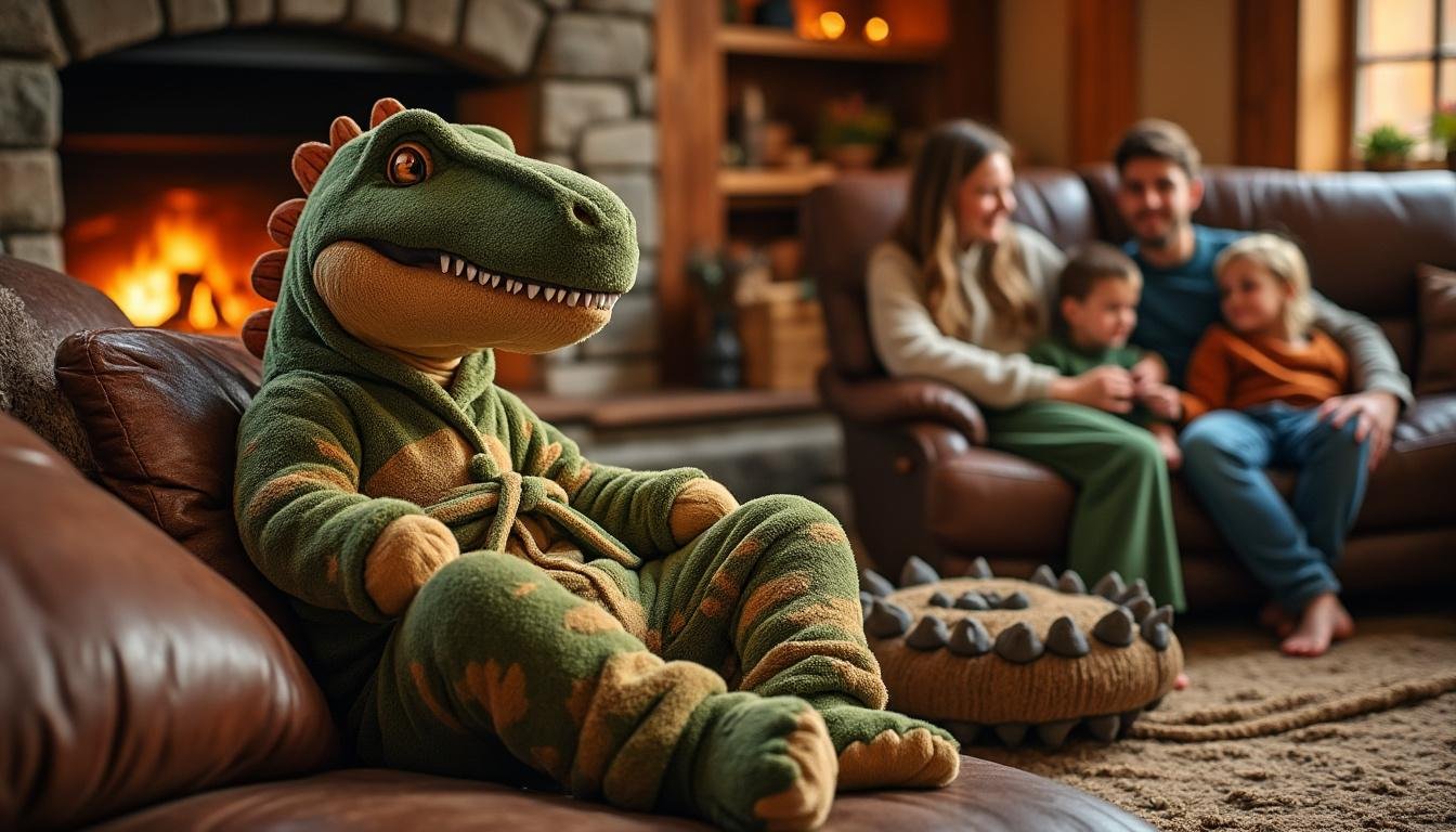découvrez le pilou pilou dinosaure, le vêtement cocooning idéal pour des soirées douces et originales. ajoutez une note ludique et chaleureuse à vos moments détente avec style !