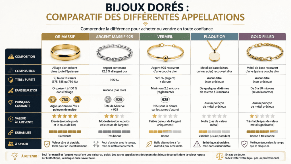Infographie comparant or massif, vermeil, plaqué or, argent massif et gold filled.
