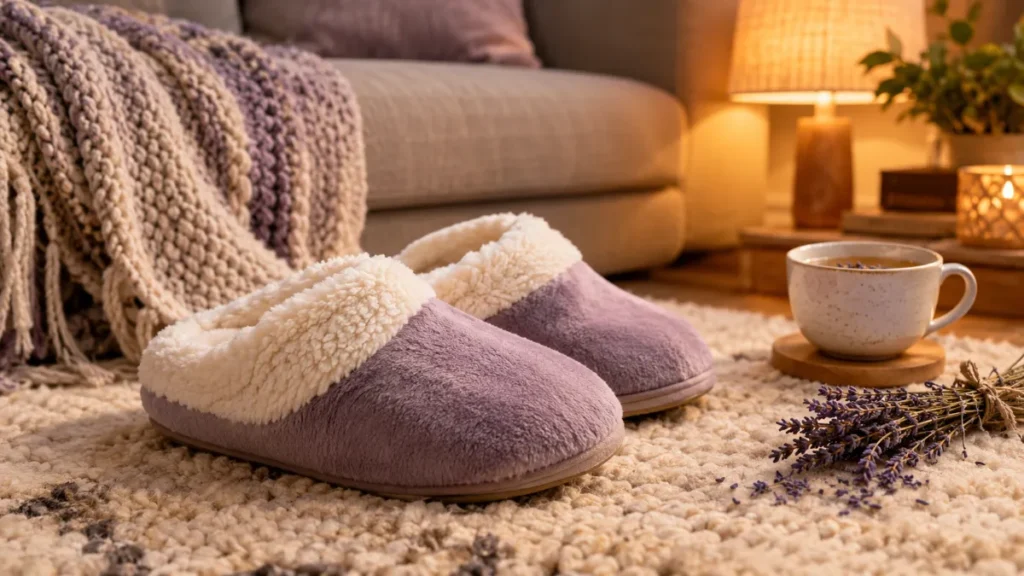 Chaussons chauffants en peluche posés sur un tapis près d'un canapé, avec une tasse de tisane et de la lavande