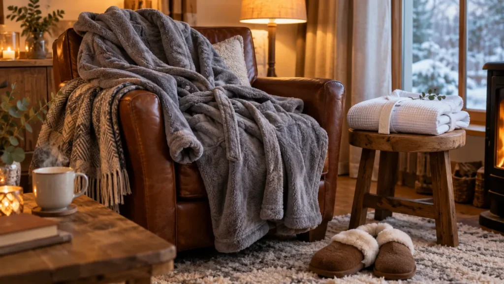 Robe de chambre homme en polaire grise sur un fauteuil en cuir, peignoir gaufré blanc plié et chaussons en peau de mouton