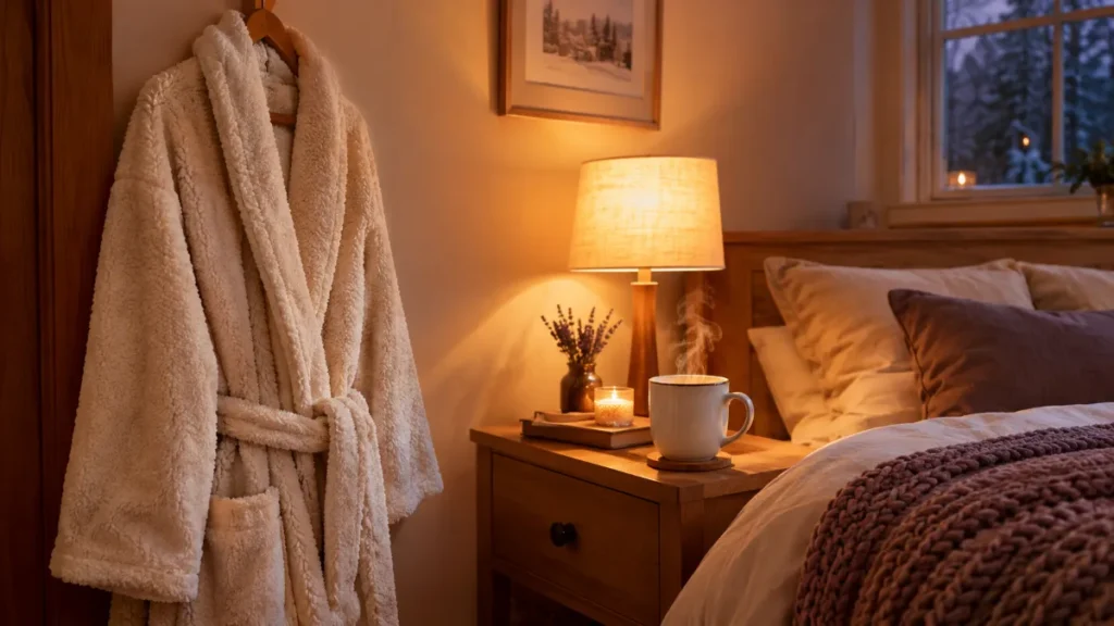 Robe de chambre polaire crème suspendue dans une chambre douillette, avec un plaid tricoté et une tasse de thé